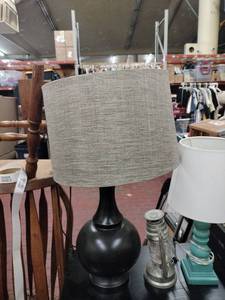 lot 25922 image: Black Ceramic Table Lamp w Gray Linen Drum Shade