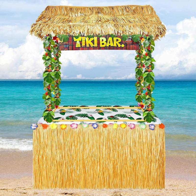 lot 471583 image: 50Pcs Tiki Bar Decor Hut Kit, Hawaiian Party Decorations with Tiki Hut, Banner, Roof, Palm Leaves, Flower Garland & Table Skirt, Luau Pool Beach Party Supplies