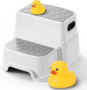 lot 152260 image: UNCLE WU Toddler Step Stool for Potty Training, Bathroom Sink & Toilet - 2 Step Kids Poop Stool, Non-Slip Step Stool with Handles, Dual Height Stepping Stool for Kitchen Counter (Include 2 Ducks)