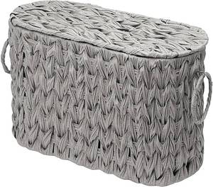 lot 152268 image: Toilet Paper Storage Basket with Lid, Narrow Bathroom Organizer for 6 Mega Rolls, Waterproof Wicker Look Plastic Basket with Handles, Toilet Tank Top Holder, Farmhouse Bathroom Storage Bin (Gray)