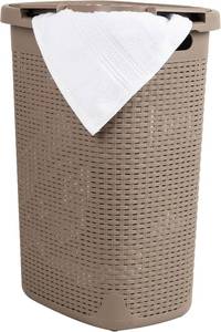 lot 152277 image: Mind Reader Slim Laundry Hamper with Lid, 60L Tall Clothes Basket, Narrow Tapered Design for Bathrooms, Closets and Laundry Rooms, Plastic, Tan