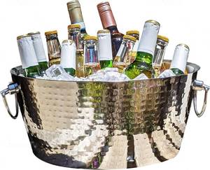 lot 152297 image: BREKX Hammered Stainless-Steel Beverage Tub, Double-Walled Insulated Anchored Drink Tub & Ice Bucket with Double Hinged Handles, Drink Chiller for Parties, 12 Quarts Stainless Steel