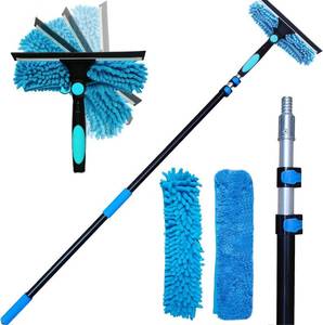 lot 251728 image: 20 Ft Reach 2 In 1 Window Squeegee Duster with 5-to-12 Foot Extension Pole, Cleaner Tool with 3-Stage Telescoping Pole, Cleaning Kit with Rotatable Head - Chenille Cloth  Microfibre Cloths Head