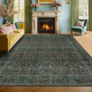 lot 251748 image: Retails for $100 Vintage Washable Dark Green 10x14 Rug for Living Room - Extra Large Area Rug for Dining Room Under Table, Soft Low Pile Carpet for Bedroom - Vintage Floral Design Non-Slip (10x14 Dark Green)
