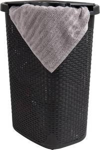 lot 351918 image: Mind Reader 60L Slim Laundry Hamper, Clothes Basket, Lid, Wicker Design, Plastic, 17.65L x 13.75W x 24.15H, Black