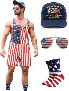 lot 161620 image: American Flag Overalls for Men Women, 250th Anniversary 4th of July Coveralls Shorts Kit, USA Romper Couple (2XL)