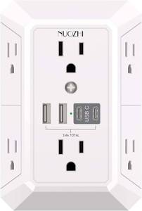 lot 161664 image: Outlet Extender Surge Protector - NUOZHI 6 Outlet Splitter with 4 USB Ports(2 USB-C), Multi Plug Wall Outlet 1680J Power Strip for Home Office Dorm Room Essentials, ETL, White