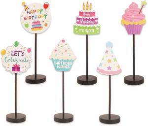 lot 161672 image: 6 Pcs Colorful Happy Birthday Table Decor, Cake Pattern Standing Signs Decor for Birthday Party, Ideal for Birthday Table Decorations and Celebrations Tabletop Centerpieces