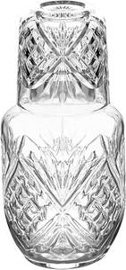 lot 161697 image: Bedside Water Carafe with Cup, Modern Water Pitcher Set for Bedroom Nightstand, Bedside, Ticked Glass Mouthwash Decanter for Bathroom (18.5 oz, Clear)