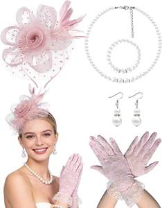 lot 261696 image: 5 Pack Fascinators Hat for Women Tea Party Veil Mesh Headband Feather Hat Lace Gloves Pearl Jewelry Set for 1920s Party