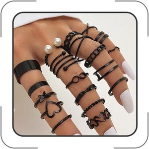 lot 261697 image: Knuckle Stackable Black Rings for Women Black Stacking Ring Set Vintage Boho Ring Set Butterfly Heart Pearl Rhinestone Stackable Statement Rings for Women