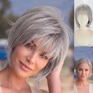 lot 261707 image: WIGYY Soft Light Gray Bob Wig for Older Women, 12 Inch Synthetic Wig with Bangs, Glueless Ready to Wear Hair for White Women, Comfortable Natural Looking Wig