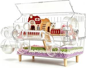 lot 261717 image: 8 in 1 Acrylic Hamster Cage,2 Tier Dwarf Hamster Cage with 360  Transparent Viewing,Hamster Habitat Gerbil cage Top Open Mouse Cage with Tubes for Pet Mice (Clear, 17.7x13x11.8)