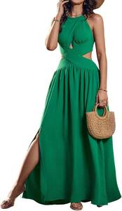 lot 261747 image: CHICME Womens Sleeveless Halter Neck Dress Criss Cross Tie Back Split High Maxi Dress