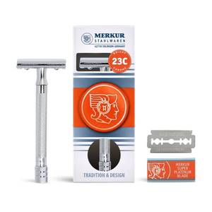 lot 361748 image: MERKUR 23C Double Edge Safety Razor - Polished Chrome, Long Knurled Brass Handle, Made in Germany, Plastic-Free, Three Piece Design, Closed Comb, Straight Bar