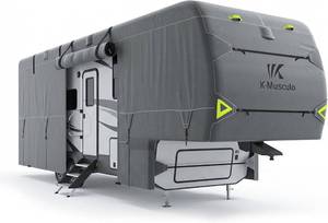 lot 111772 image: Retails for $260 K-Musculo 5th Wheel RV Cover 33-37FT, 7 Layer Top Heavy Duty 5th Wheel Camper Cover, Extra-Thick Waterproof Windproof Anti-UV Rip-Stop Camper Cover, 6 Gutter Covers & 4 Tire Covers
