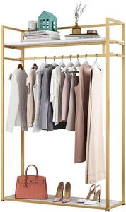 lot 411531 image: Retails for $199 Heavy Duty Clothing Rack with Shelves for Hanging Clothing, Gold Metal Freestanding Garment Rack for Retail Display (47.24 L)