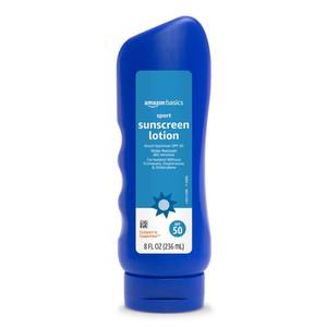 lot 29299 image: Amazon Basics Sport Sunscreen Lotion SPF 50, Water Resistant (80min), Formulated without Octinoxate & Oxybenzone, Broad Spectrum UVAUVB Protection, 8 Fluid Ounce - Retail $7