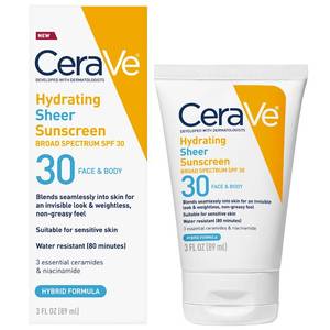 lot 29301 image: CeraVe Hydrating Sheer Sunscreen SPF 30 with Hyaluronic Acid, 3oz - Retail $14