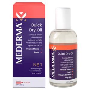 lot 29302 image: Mederma Quick Dry Oil - Scar and Stretch Mark Treatment, Improves Appearance with Natural Botanical Extracts, Paraben-Free, Fast-Absorbing, Hydrates Dry Skin, Reduces Uneven Skin Tone, 2.02 Oz (60ml) - Retail $10