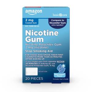 lot 29303 image: Amazon Basic Care Coated Nicotine Polacrilex Gum, 2 mg, Ice Mint Flavor, Stop Smoking Aid, Reduces Cravings, Smoking Cessation, 20 Count - Retail $8
