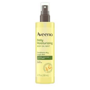 lot 29349 image: Aveeno Daily Moisturizing Body Oil Mist with Oat Oil and Jojoba Oil for Rough, Dry, Sensitive Skin, Nourishing Body Spray for Smoother, More Even Skin, Paraben- & Silicone-Free, 6.7 fl. oz - Retail $10