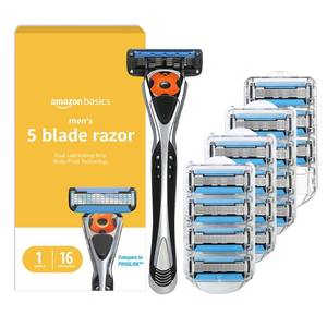 lot 29365 image: Amazon Basics 5-Blade MotionSphere Mens Razor with Dual Lubrication, Vitamin E, Precision Trimmer, 1 Handle & 15 Cartridges, Black - Retail $24