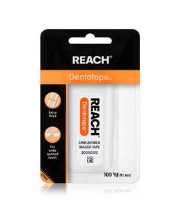 lot 29384 image: REACH Dentotape Waxed Dental Floss Tape, Unflavored, Extra Wide Floss, Shred & Frey Resistant, Plaque Remover for Teeth, Easy on Gums & Teeth, Oral Care, PFAS Free, for Adults & Kids, 1 Pack, 100 yd - Retail $10