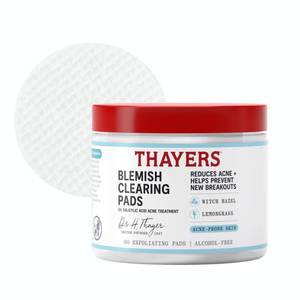 lot 29463 image: Thayers Blemish Clearing Acne Pads, Salicylic Acid Acne Treatment for Face, Pore Reducing, Exfoliating, and Soothing Skincare, Witch Hazel Toner Pads, 60 Ct - Retail $14