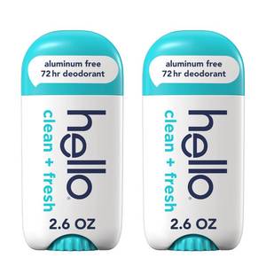 lot 29502 image: hello Clean  Fresh Aluminum Free Deodorant for Women and Men, 72-Hour Deodorant, Only 9 Ingredients, Baking Soda Free, Enriched with Shea Butter, Vegan, 2.6 oz Stick Deodorant (2 Pack) - Retail $16