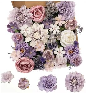 lot 29542 image: Artificial Flowers Combo Purple Flowers Mix Silk Flowers Dahlia Roses with Stems for DIY Wedding Bridal Bouquets, Baby Shower, Floral Arrangement, Table Centerpieces, Home Decorations - Retail $16