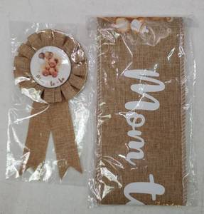 lot 29587 image: Neutral Burlap Mom to Be Sash and Pin Set - Retail $6