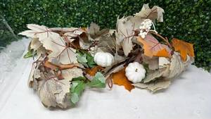 lot 149 image: Fall Harvest Decorative Floral Arrangement with Leaves Pumpkins and Branches - Retail $0