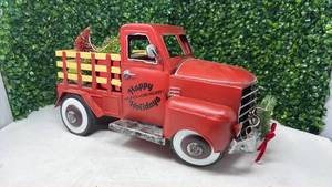 lot 198 image: Red Stake Bed Truck Happy Holidays Fresh Cut Tree Delivery Decoration - Retail $0