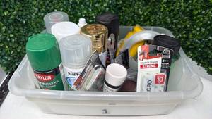 lot 204 image: Plastic Storage Organizer Tray with Assorted Supplies Lot - Retail $0