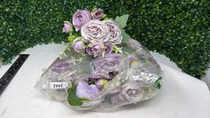 lot 208 image: Artificial Flower Arrangement Purple and White Roses with Greenery - Retail $0