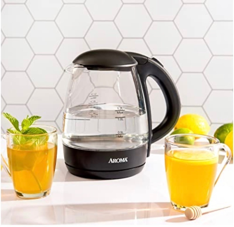 lot 61 image: AROMA� 1.2L  5-Cup Glass Electric Kettle with Cordless Pouring, Trigger-Release Lid, Automatic Shut-off, Black (AWK-151B)