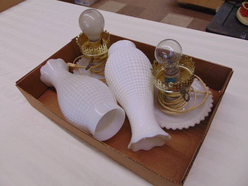 lot 2101 image: PR. White Hobnail Bedroom Lamps
