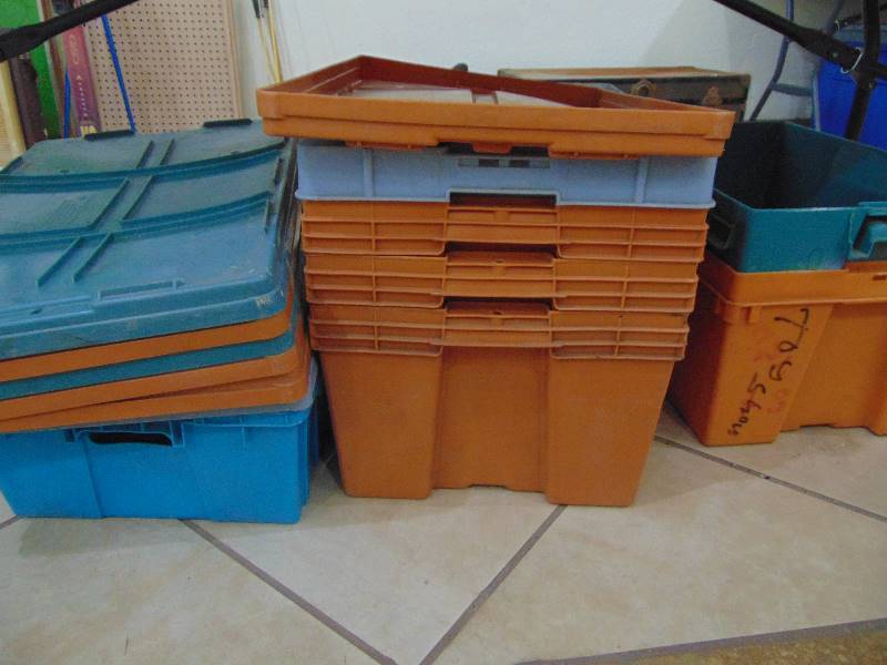 lot 2437 image: Hard Plastic Storage Totes wLids