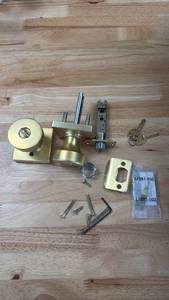 lot 174 image: Brass Door Lock Set with Deadbolt, Latch, Keys and Hardware 27281-002 - Retail $40