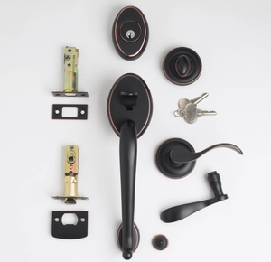 lot 181 image: Keyed Entry Door Handle Set with Deadbolt and Latch Components - Retail $100