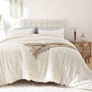 lot 2455 image: Smoofy Fluffy Queen Size Comforter 3 PCS - Cream White Fleece Bedding Set - Retail $50