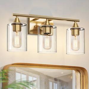 lot 2461 image: XPEHK Gold Bathroom Light Fixtures,3-Light Vanity Lights,Modern Brushed Brass Gold Wall Sconce Lighting,Bathroom Wall Lamp for Mirror Bedroom Living Room Vanity Table Hallway - Retail $34