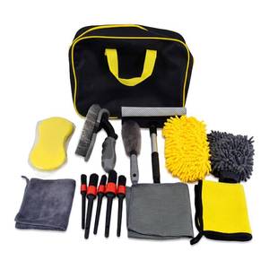 lot 2462 image: KAIMENDAJI Complete Car Detailing Kit 15 Pieces, Includes Wash Mitt, Microfiber Towels, Wheel Brush, Detail Brushes & Portable Carry Bag - Retail $18