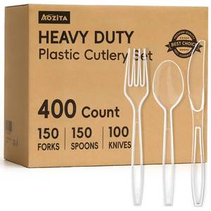 lot 2463 image: Aozita 400 Count Heavy Duty Plastic Silverware, BPA-Free, Clear Plastic Cutlery Set, Premium Disposable Utensils for Party Everyday Use, 150 Forks, 150 Spoons and 100 Knives - Retail $20