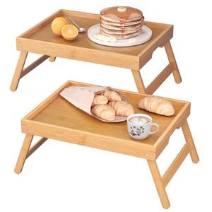 lot 2478 image: Fibogollo 2 Pack Bamboo Bed Tray Table with Folding Legs,Breakfast Trays,Serving Tray for Food and Snack,Laptop Trays for Working(Natural) - Retail $20