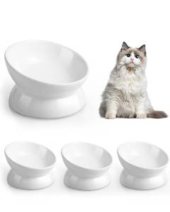 lot 2481 image: THREE PACK LoeJan Elevated Cat Food Bowl, 5 Oz Ceramic Raised and Tilted Water Bowl, Anti Vomiting and Protect Pets Spines Dishes for Small Dog, Fat Faced Cat, Kitten (White, 3 Pack) - Retail $33