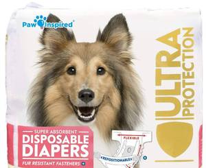 lot 2486 image: Paw Inspired Disposable Female Dog Diapers, Medium Plus Size, 32 Count - Retail $25