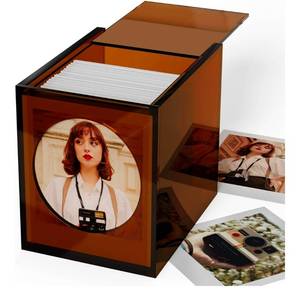 lot 2504 image: WINKINE Acrylic Polaroid Frame & Photo Storage Box for i-Type600SX-70 Films, 4.2x3.5 Film Frame, Vintage Box with Sliding Lid, Amber, 1 Pack - Retail $0