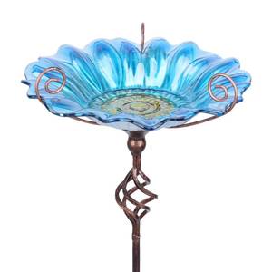 lot 2509 image: MUMTOP Bird Bath Outdoor, Glass Birdbath Bowl with Stake Garde Decor, Blue - Retail $25